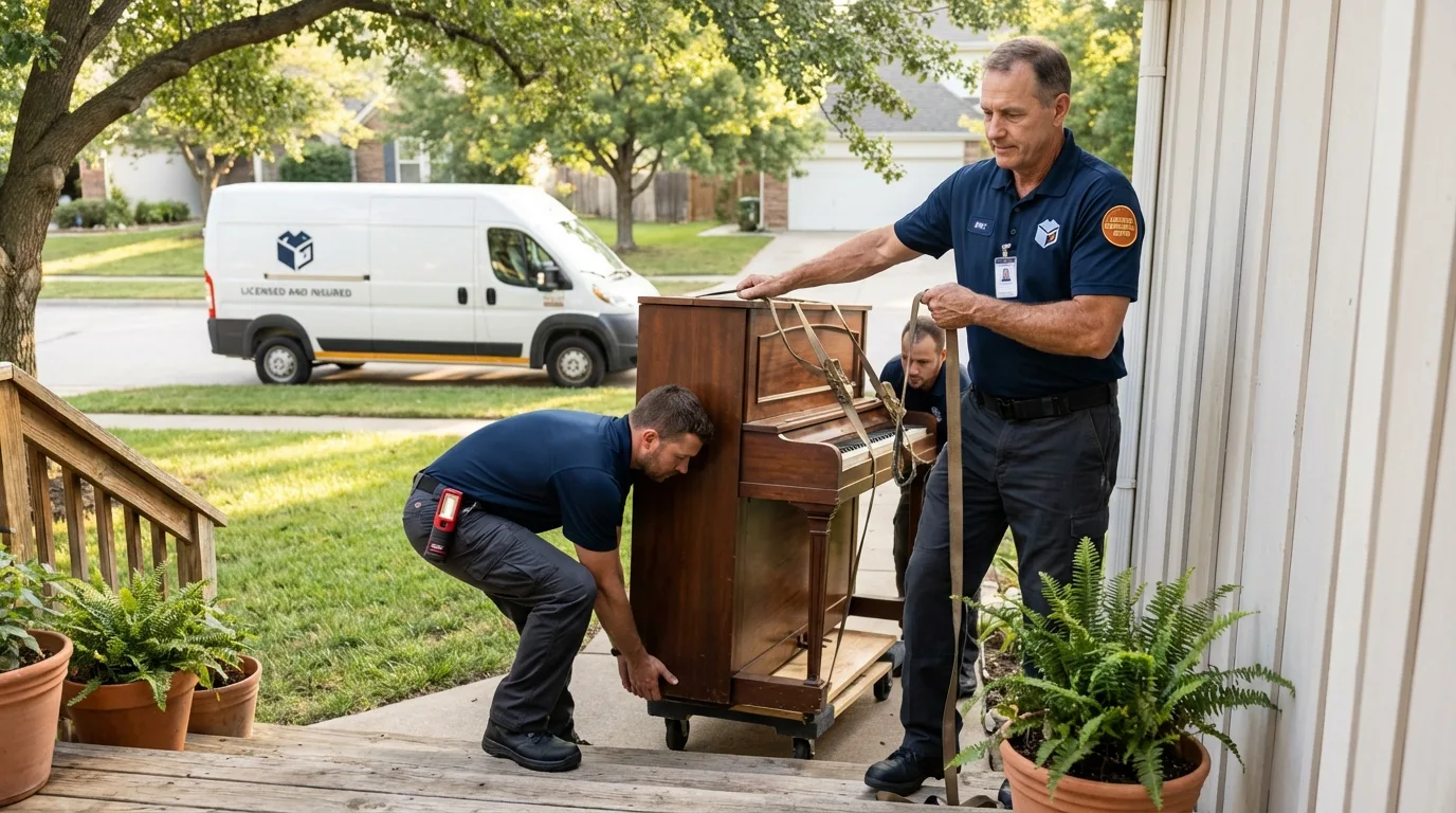 Licensed piano movers securing grand piano in Buford, GA