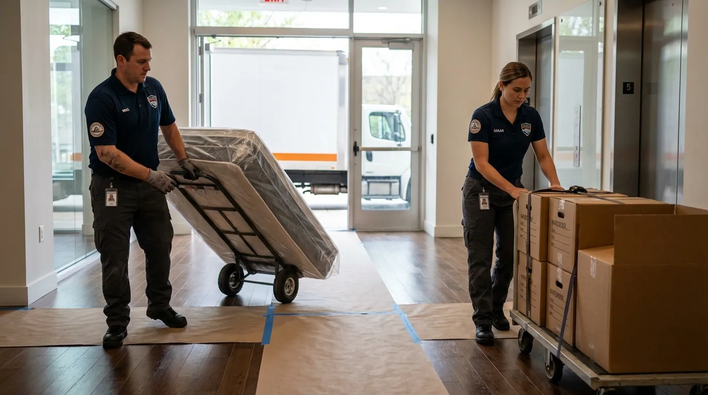 Professional apartment movers loading elevator in Buford, GA
